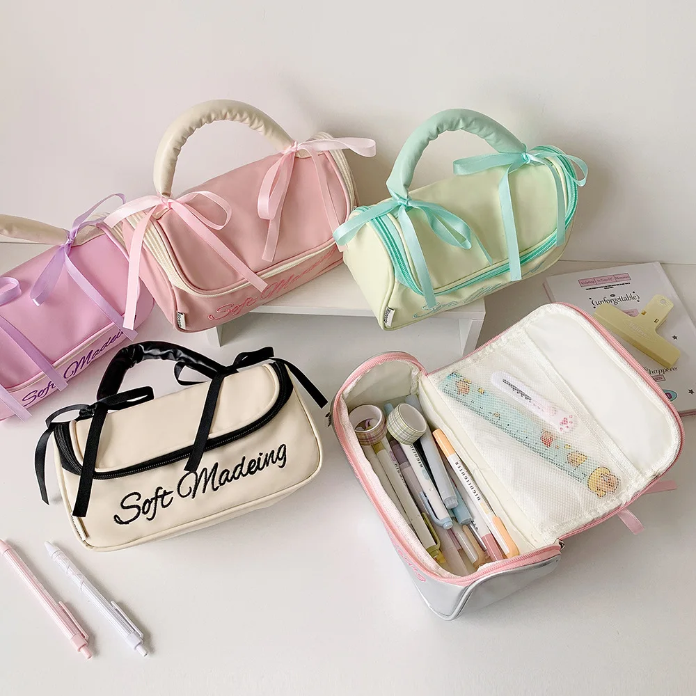 

PU Leather Y2K Bow Storage Bag Bowknot Large Capacity Bow Stationery Bag Cosmetics Card Pen Desktop Storage Bow Pencil Pouch