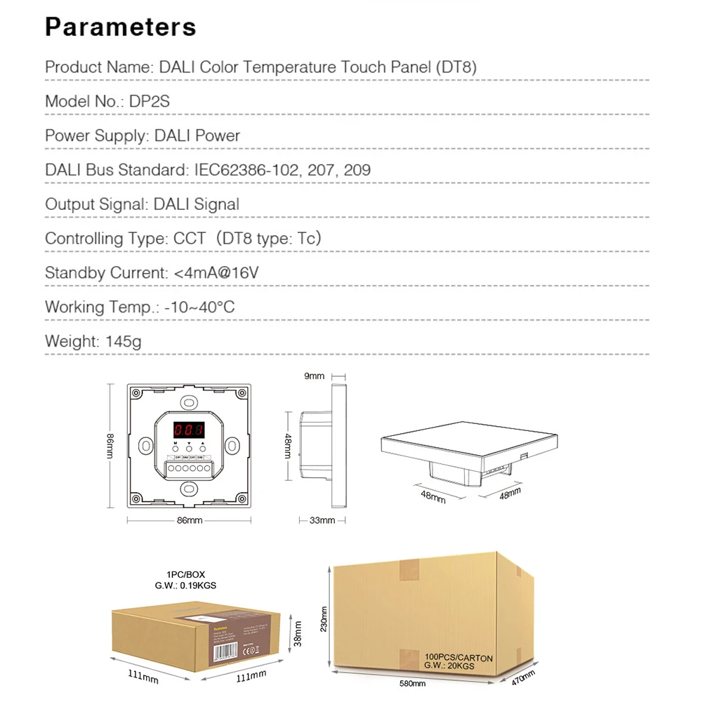 Miboxer DP2S 86 DALI DT8 إشارة DALI Bus Standard IEC62386-102,207,209 اللمس 1 ~ 100% مزدوج أبيض يعتم سطوع المضيف لوحة