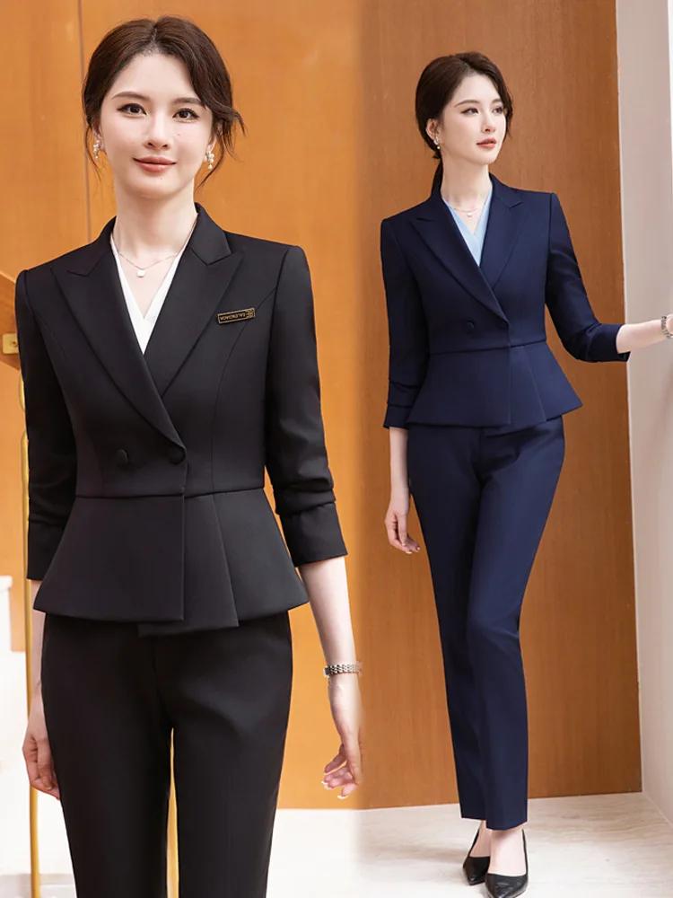 

Синий профессиональный костюм для женщин 2025: Новая осенняя коллекция, элегантная деловая одежда, высококачественный блейзер для персонала отеля