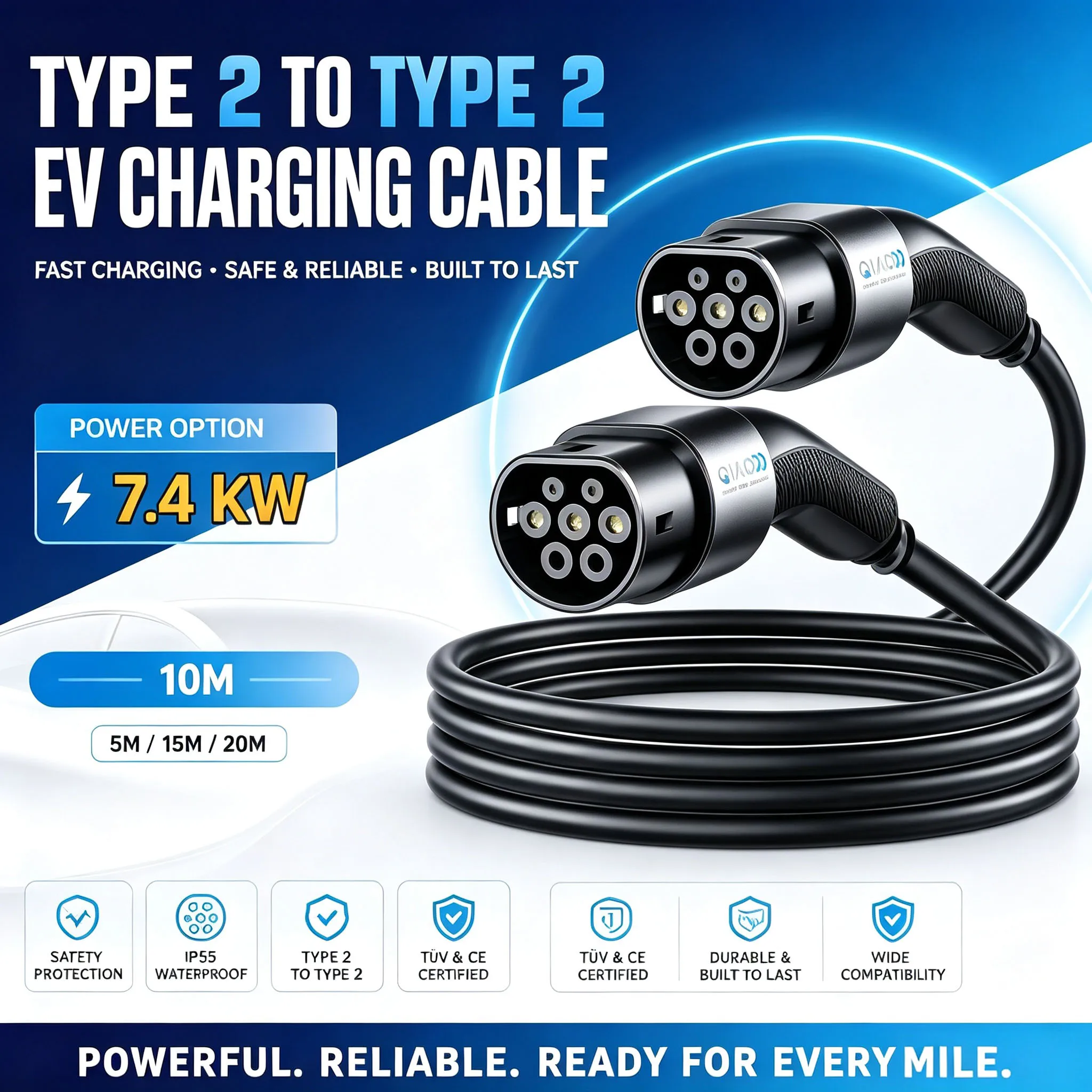 QIAO Type 2 Electric Vehicle Fast Charging Cable 7.4KW 5M EV Type 2 to Type 2 Charging for Type 2 Car Electric Car Charging