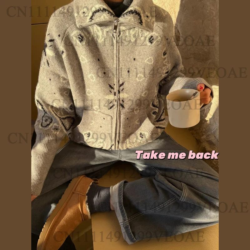 

Casual Printed Tassel Knit Coats Women Full Sleeve V-neck Patchwork Short Knitted Sweaters Female 2026 Spring Lady Outwears