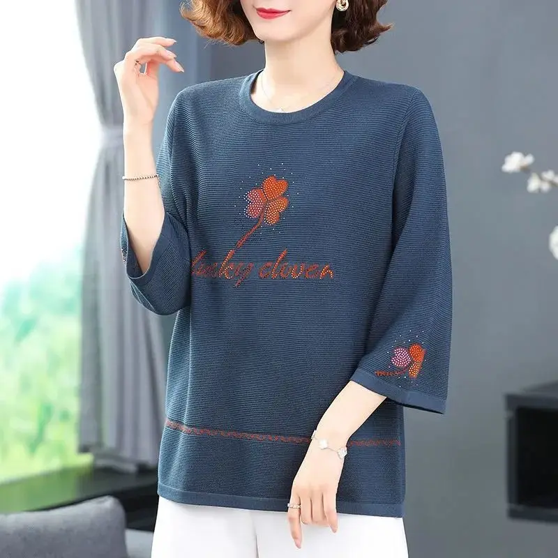 Fat MM Plus Size Knitted Top Women 2024 Autumn New Item Ice Silk Loose Short Sleeve T-shirt Women Three Quarter Mother\'s Outfit