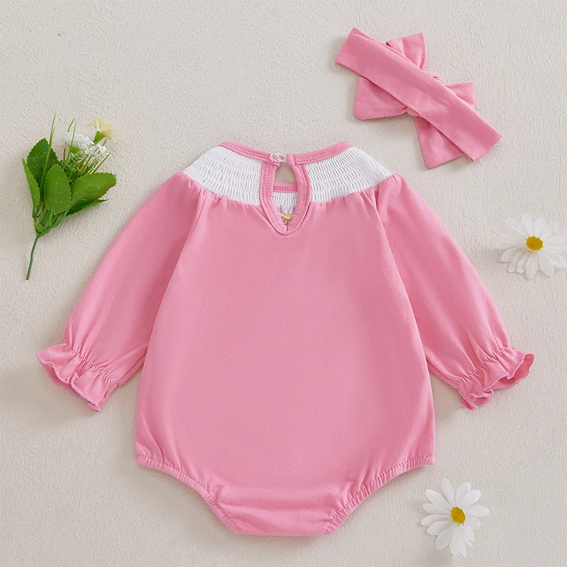 Infant Baby Girl Outfit Long Sleeve Smocked Floral Embroidered Bubble Romper Newborn Girl Fall Winter Spring Clothes