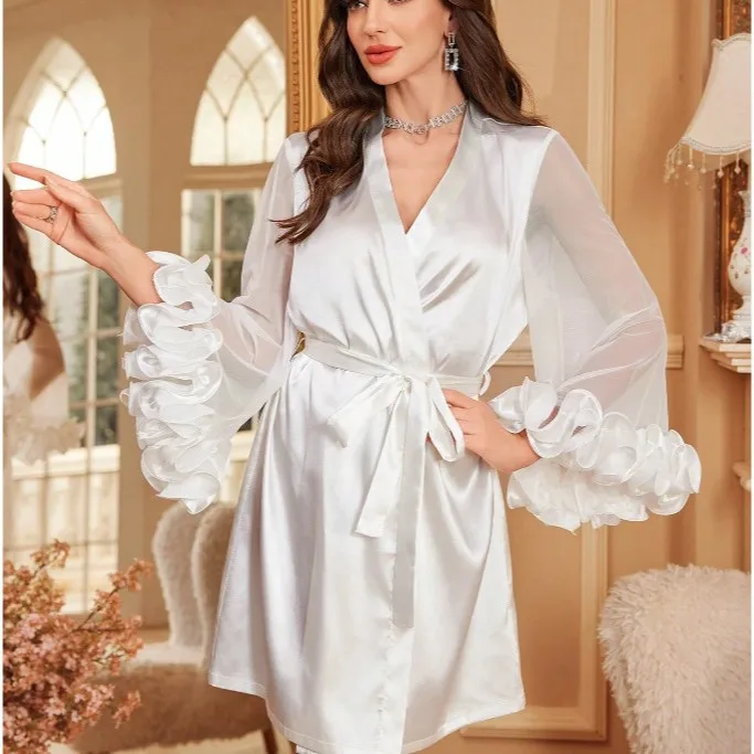 

Стильный женский комплект для сна и отдыха: атласная ночная рубашка и халат из сетки, сексуальный и комфортный, для европейского и американского рынков, размер XXL