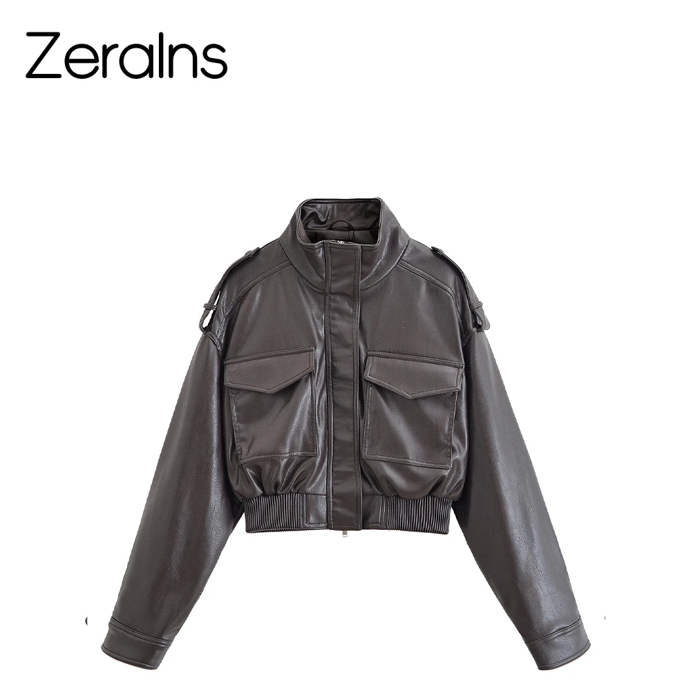 ZERAINS 2025 automne nouveaux vêtements pour femmes style rétro décontracté effet faux cuir col montant à manches longues veste courte
