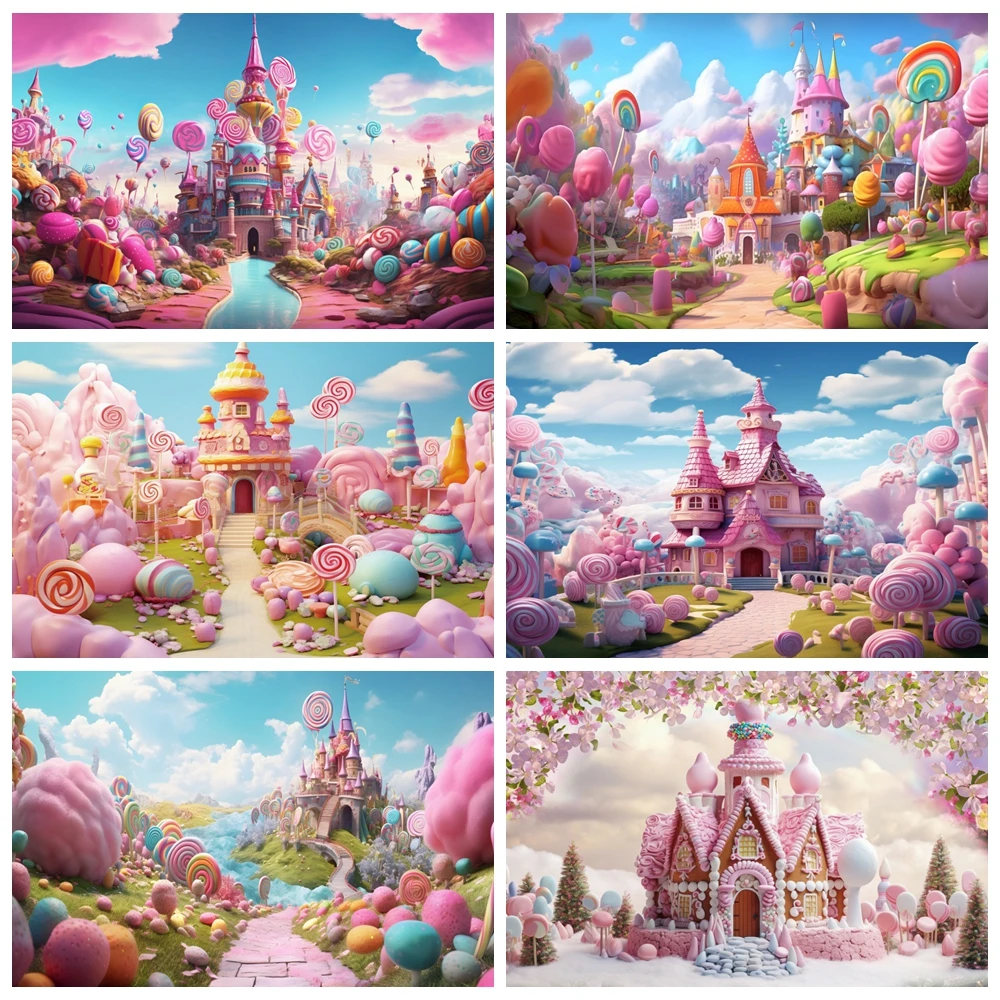 

Pink Candy World Backdrop Sweet Candyland Castle Lollipop House Baby Birthday Party Portrait Background Cake Smash Photo Studio