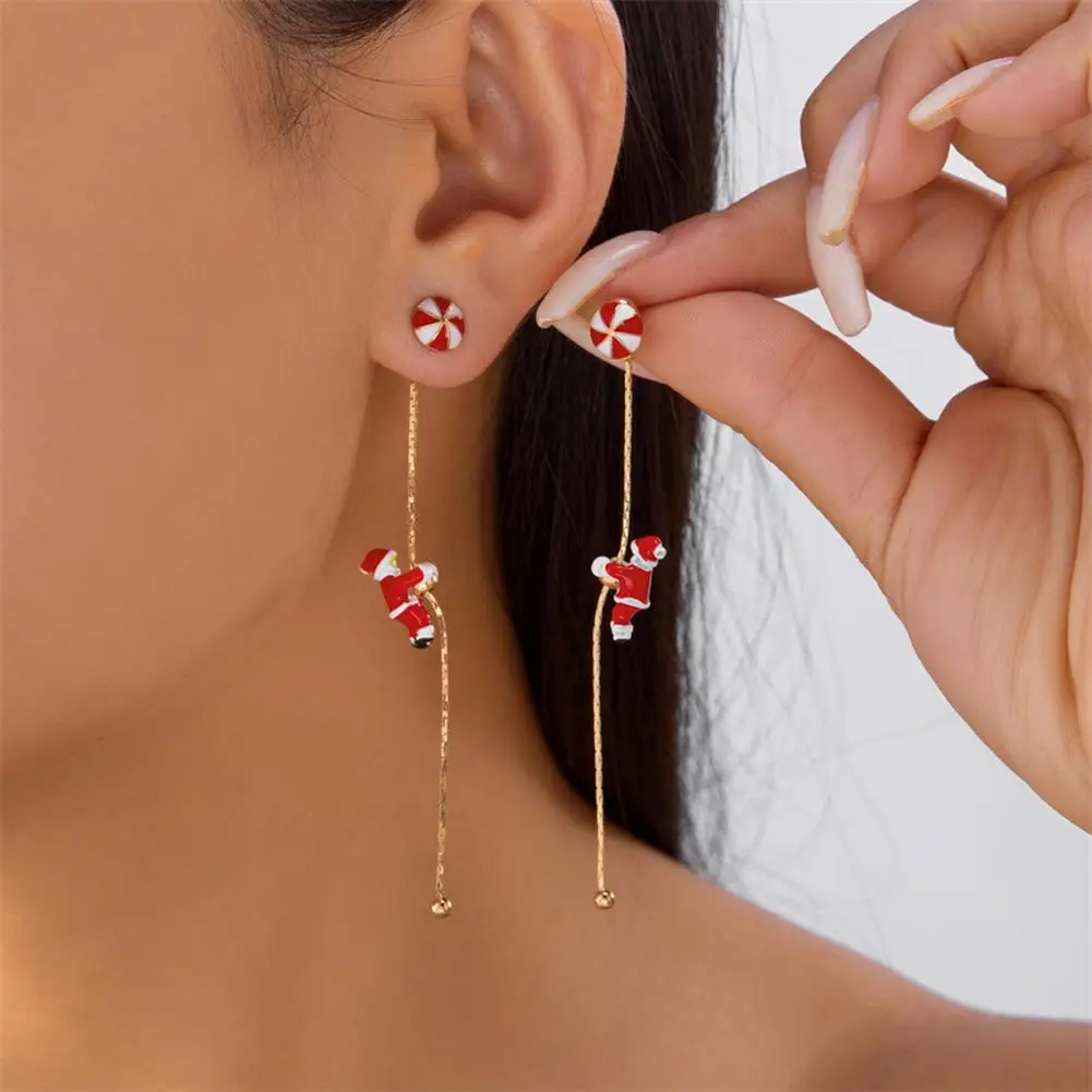 Asymmetric Moving Santa Claus Tassel Dangle Earrings Christmas Tree Snowflake Long Drop New Year Holiday Jewelry For Women
