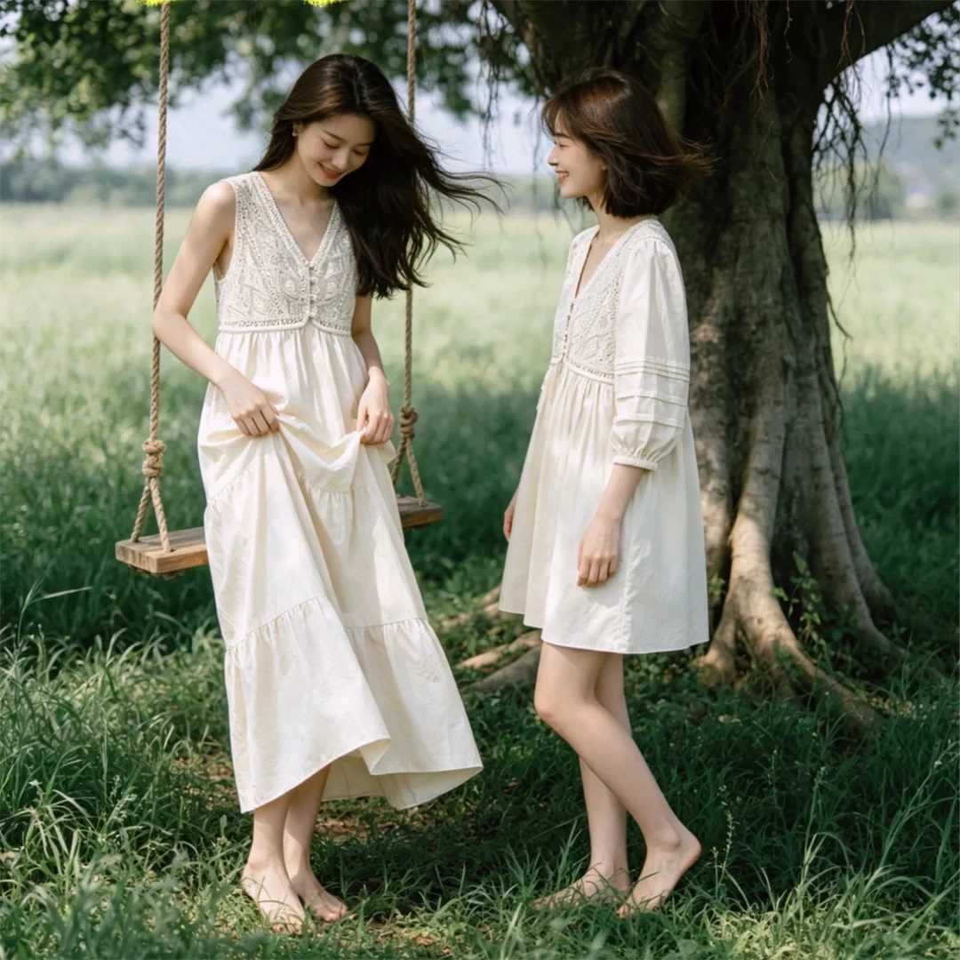 

Paris Bas Beautiful Forest System Long Dress Soft Floral High Waist French Style Cotton A-Line Skirt Breathable Summer Dress