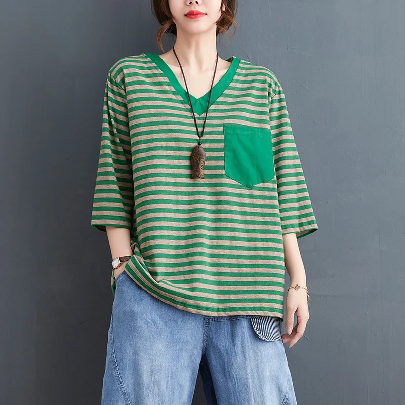 

Green Stripe Cotton Linen Women T-Shirts Summer Vintage V-Neck Loose Straight Casual All Match Female Pulls Tops Tees