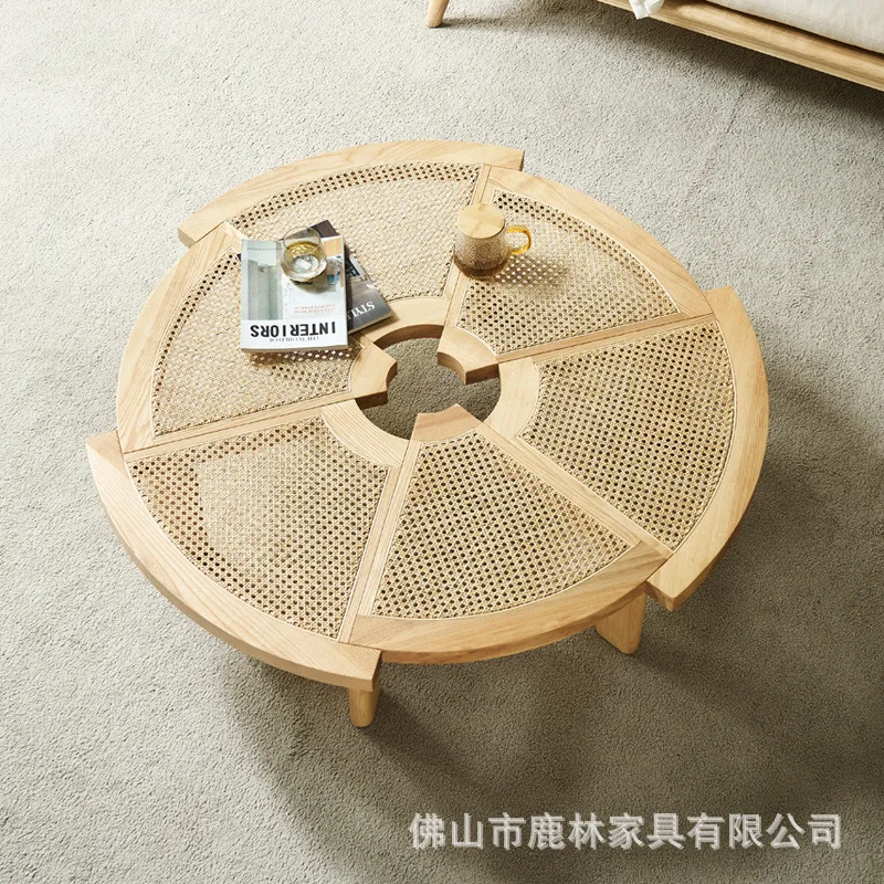 

Nordic solid wood rattan round coffee table creative personality Japanese rattan surface small tea table homestay rattan