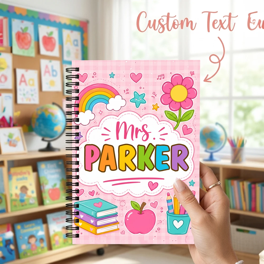 Personalized Custom Text Spiral Notebook,Pink Plaid Flower Journal,Custom Name Notepad for Office Back To School Teacher Gift