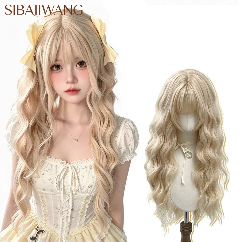 Platinum Blonde Curly Hair Synthetic Heat Resistant Lolita Wigs With Bangs Cute Cosplay Festival Party Hairpiece Halloween Wig