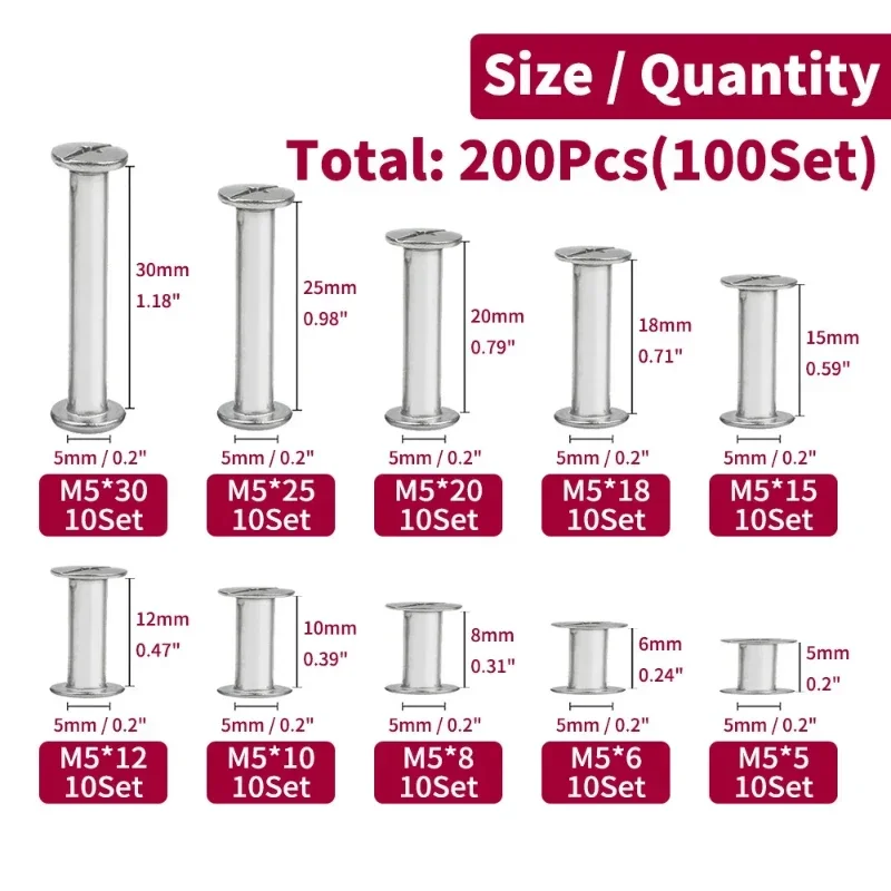 200 قطعة مسامير شيكاغو فيليبس مسامير ربط الرأس للجلود/الحزام/المحفظة/مجموعة قفل تجليد الكتب