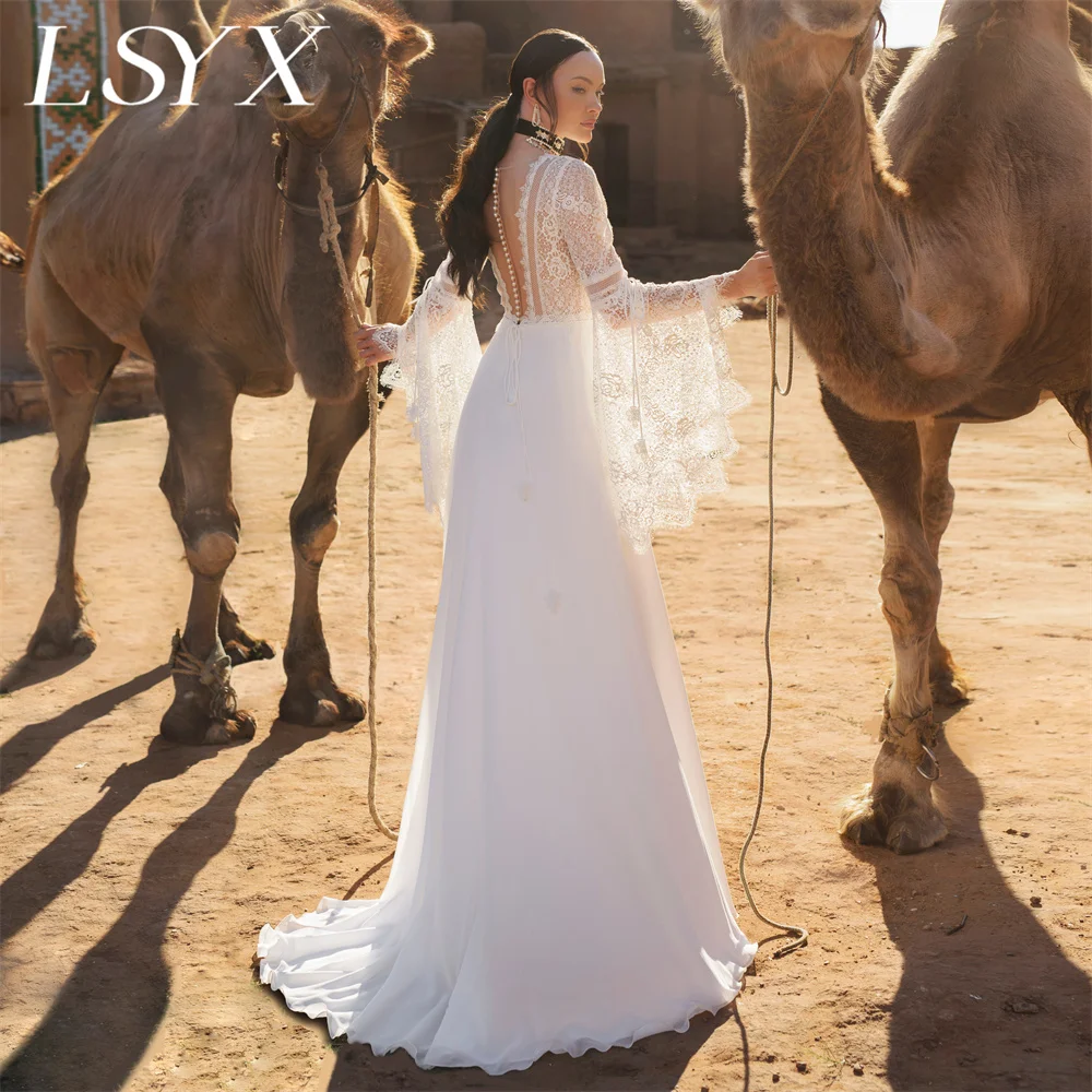 

LSYX Boho Long Flare Sleeves Crepe Lace V-Neck Mermaid Wedding Dress Illusion Button Back Court Train Bridal Gown Custom Made