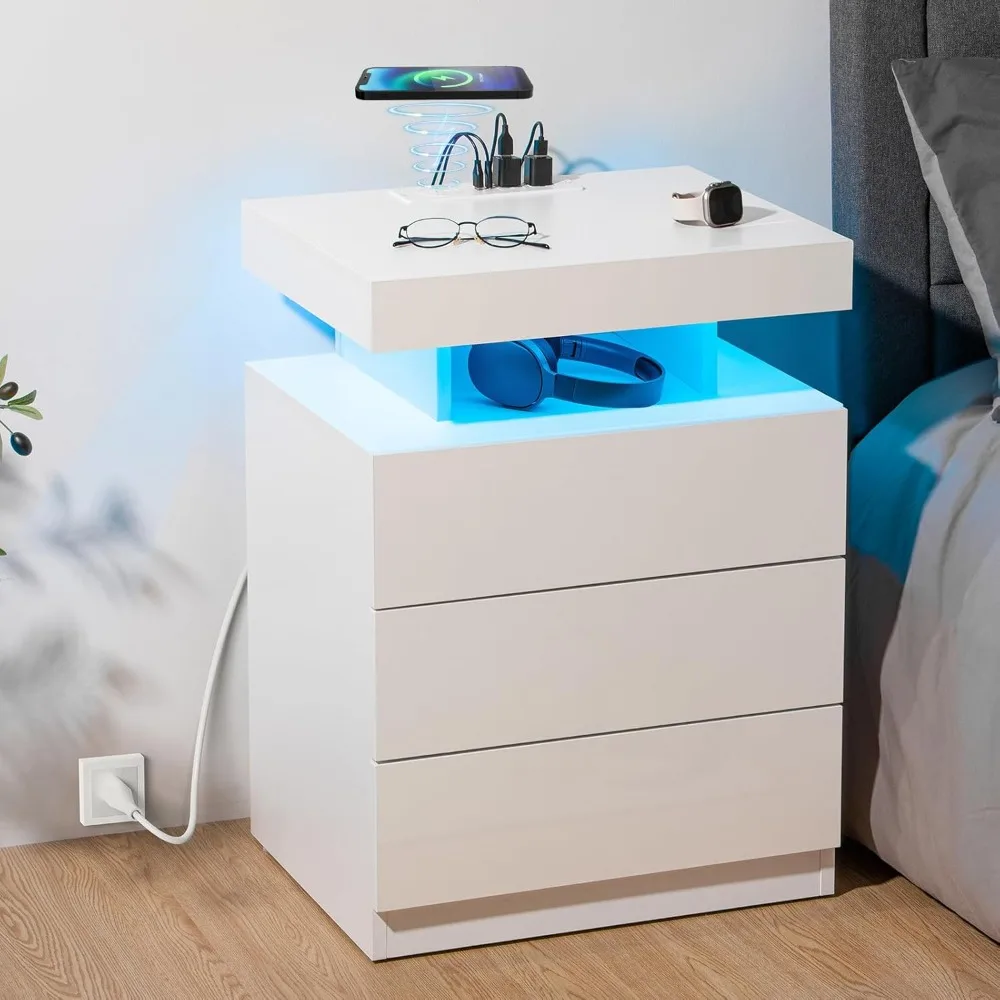 

LED Nightstand with Wireless Charging Station & USB Ports, 3 Drawer Night Stand with LED Light RGB Adjustable Brightness, Smart