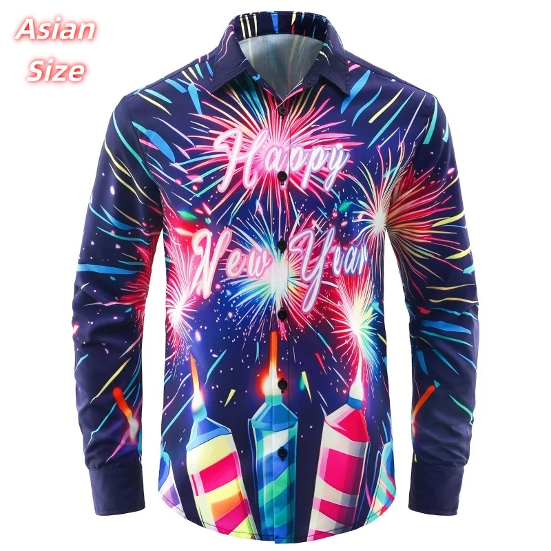New Year Christmas Pattern Hawaiian Shirts For Men Women Firework 3D Printed Aloha Shirts Casual Tops Loose Long Sleeve Blouse