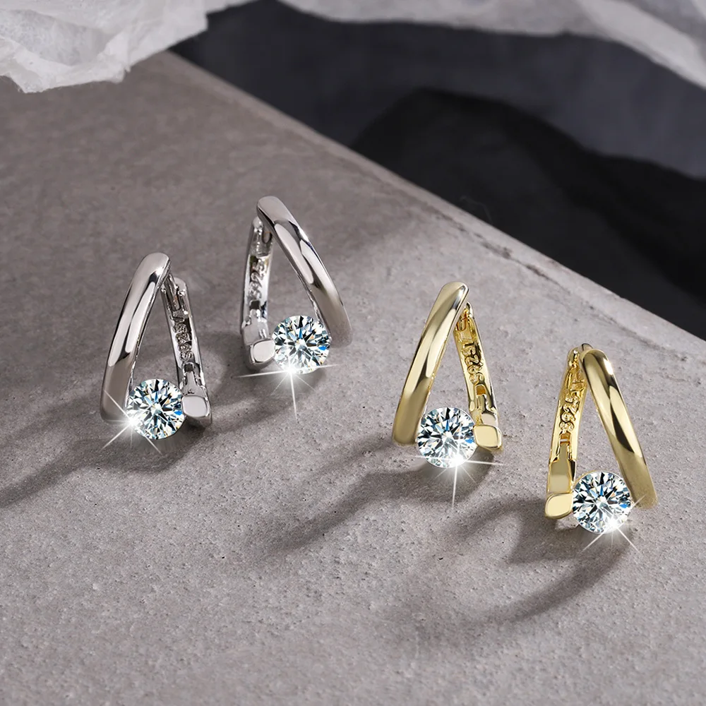 925 Silver Gold Crystal Stud Earrings for Women