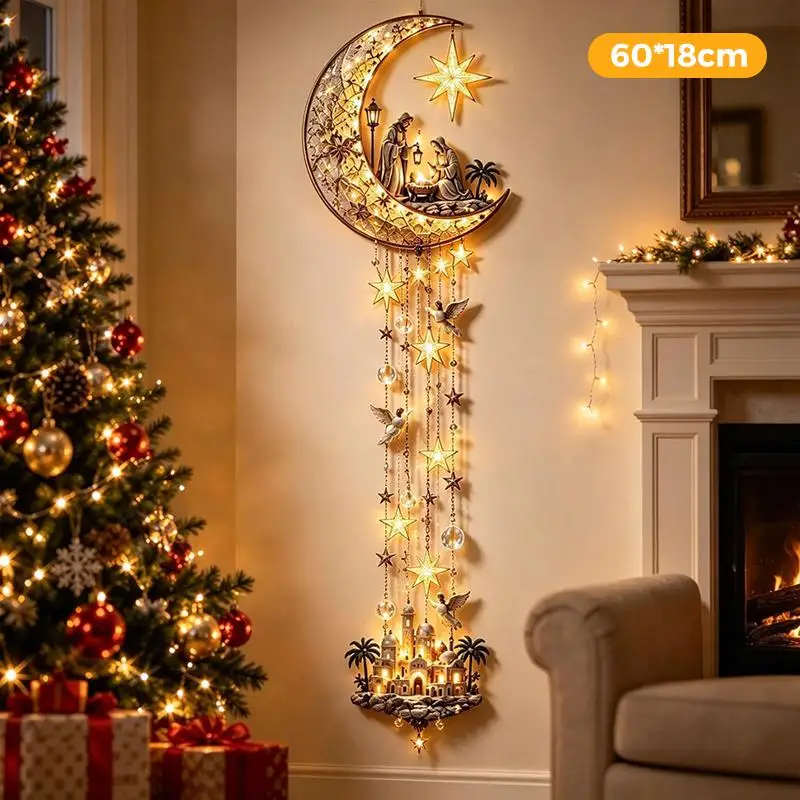 Kerstmagische wandlamp – LED-lichtgevende kerstdecoratie voor de muur, kerstman met slee en rendieren, hangdecoratie voor feestjes.