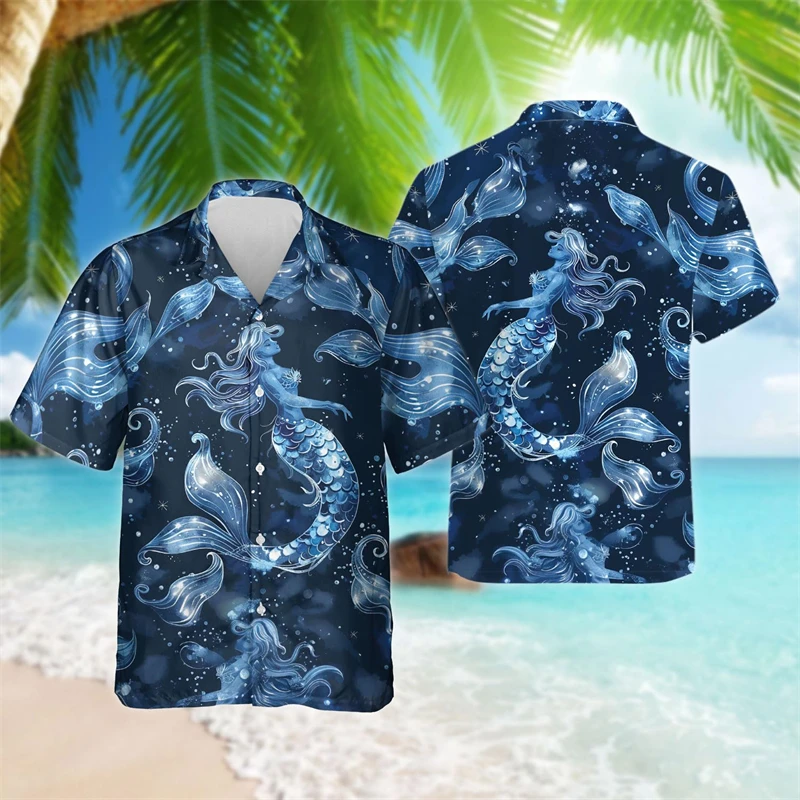 

Kawaii Mermaidn 3D Printed Shirts For Men Clothes Hawaiian Sea Maiden Beach Shirt Casual Female Lapel Blouse Fish Girls Blouses