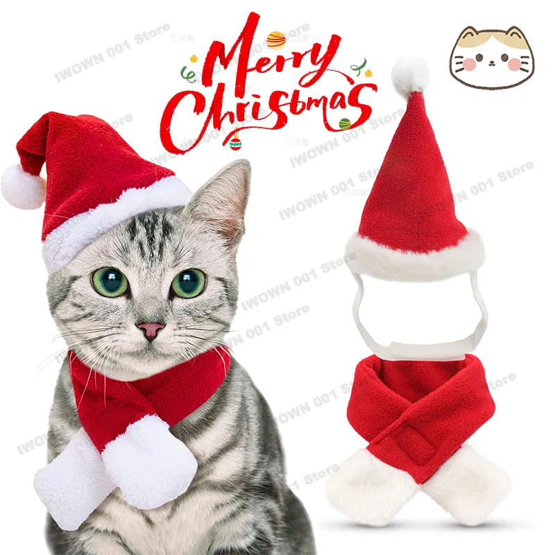 Festliches Weihnachtsset für Katzen und Hunde, kleines Haustier, Mütze, Schal, Kostüm, gemütlich, gestrickt, Urlaub, Foto-Requisiten, Sicherheit, Komfort, Geschenk, Weihnachten, Halloween