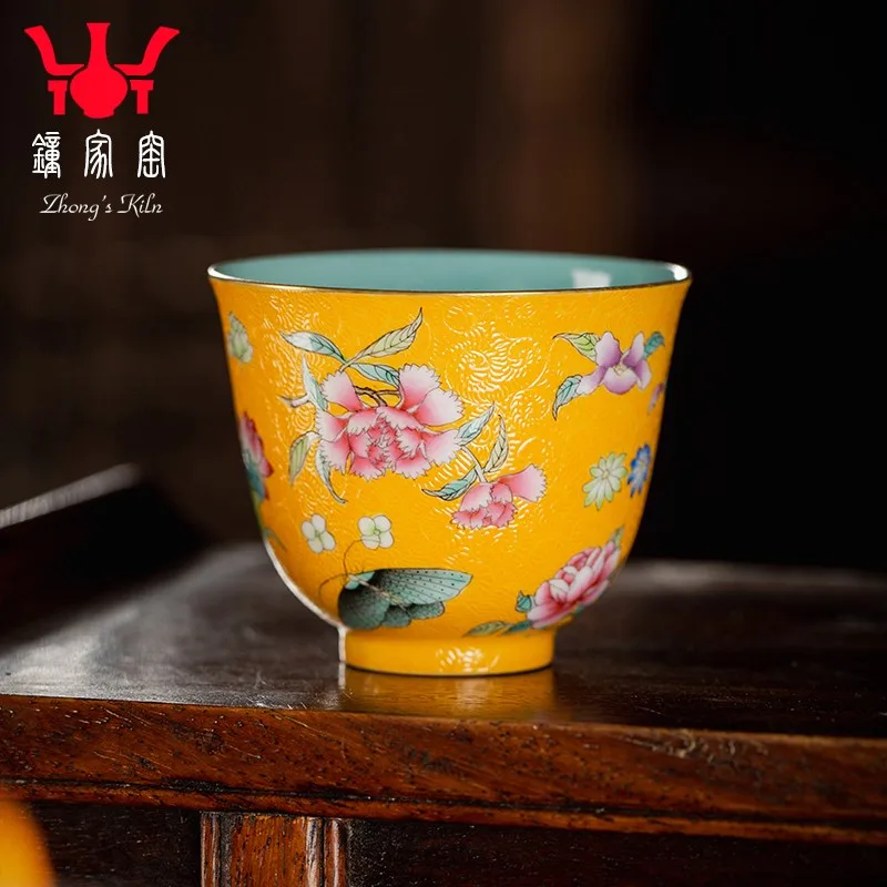 Zhongjia Kiln Ceramic Single Cup Jingdezhen High-End Pastel Pastel Rolling Porcelain Yellow Flower Butterfly Master Cup Tea Cup