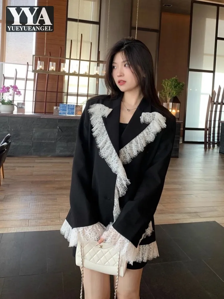 2025 New Spring White Lace Patchwork Blazers Slimming Single Breasted Loose Notched Fashion Ruffle Office Lady Casual Blazer
