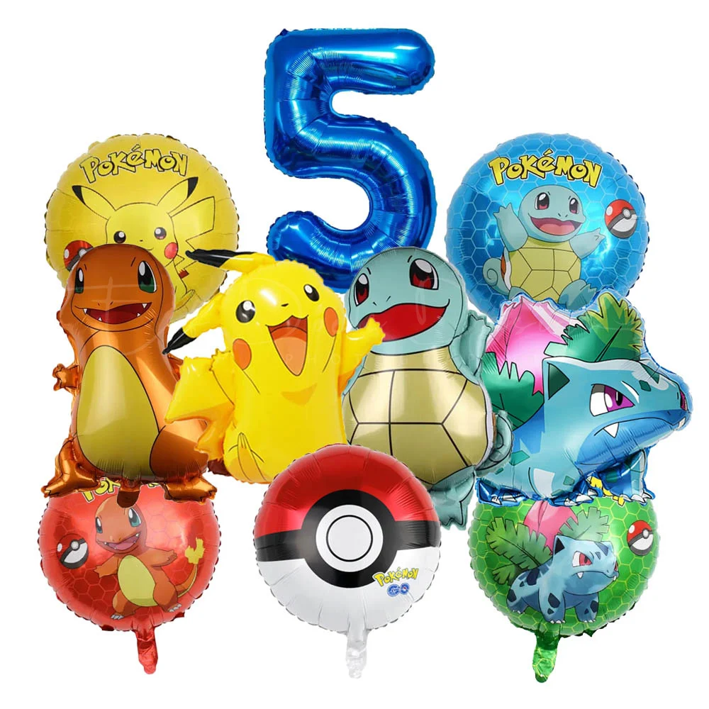 10/5pcs Pokemon Balloons set Pikachu Balloons 32inch Gold Blue Number Foil Balloon 1-9 for Kids 1-9th Birthday Party Decoration image 3