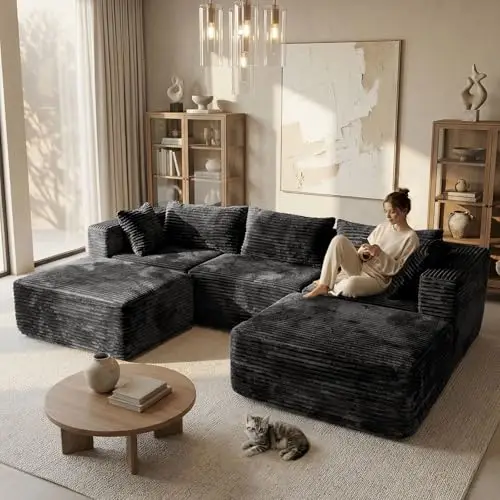 110 Modular Sectional Boneless Sofa with 2 Ottomans, Corduroy U-Shaped Modular Sectional Sofa, Convertible Cloud Couch