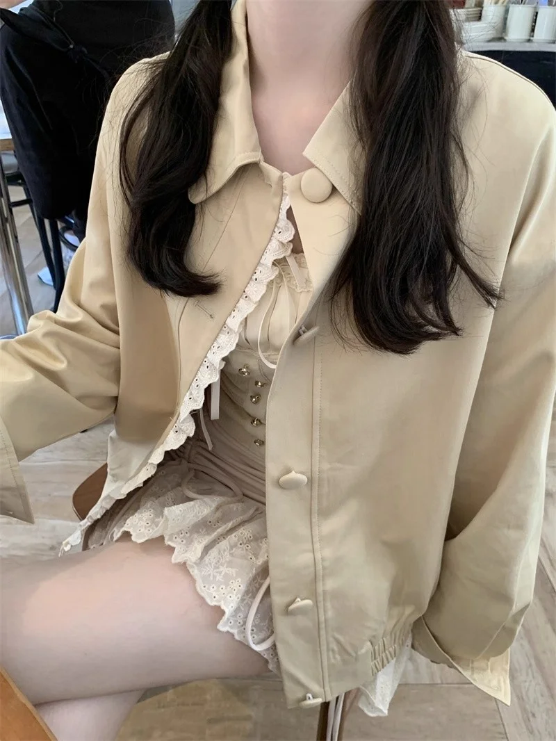 

Kaki Color Lace Trimmed Collar Jacket Women's Casual Design Loose Short Top Autumn Korean Style Fashion Outerwear