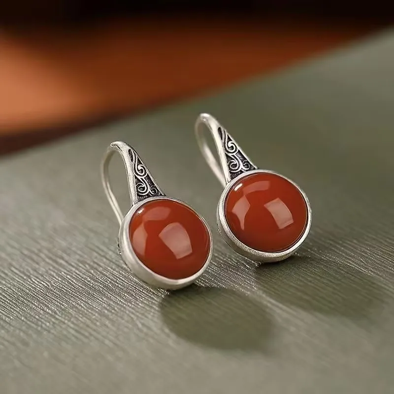 925 Sterling Silver Dangle Earrings South Red Agate Earring 8mm Round Drop Earrings Fashion Retro