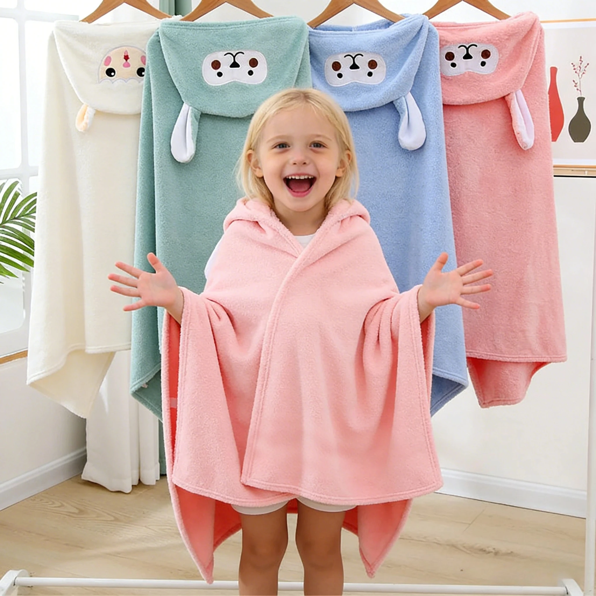 1-4PCS Baby Coral Fleece Hooded Towel Poncho Thick Absorbent Wearable Bathrobe Cartoon Embroidered for Child