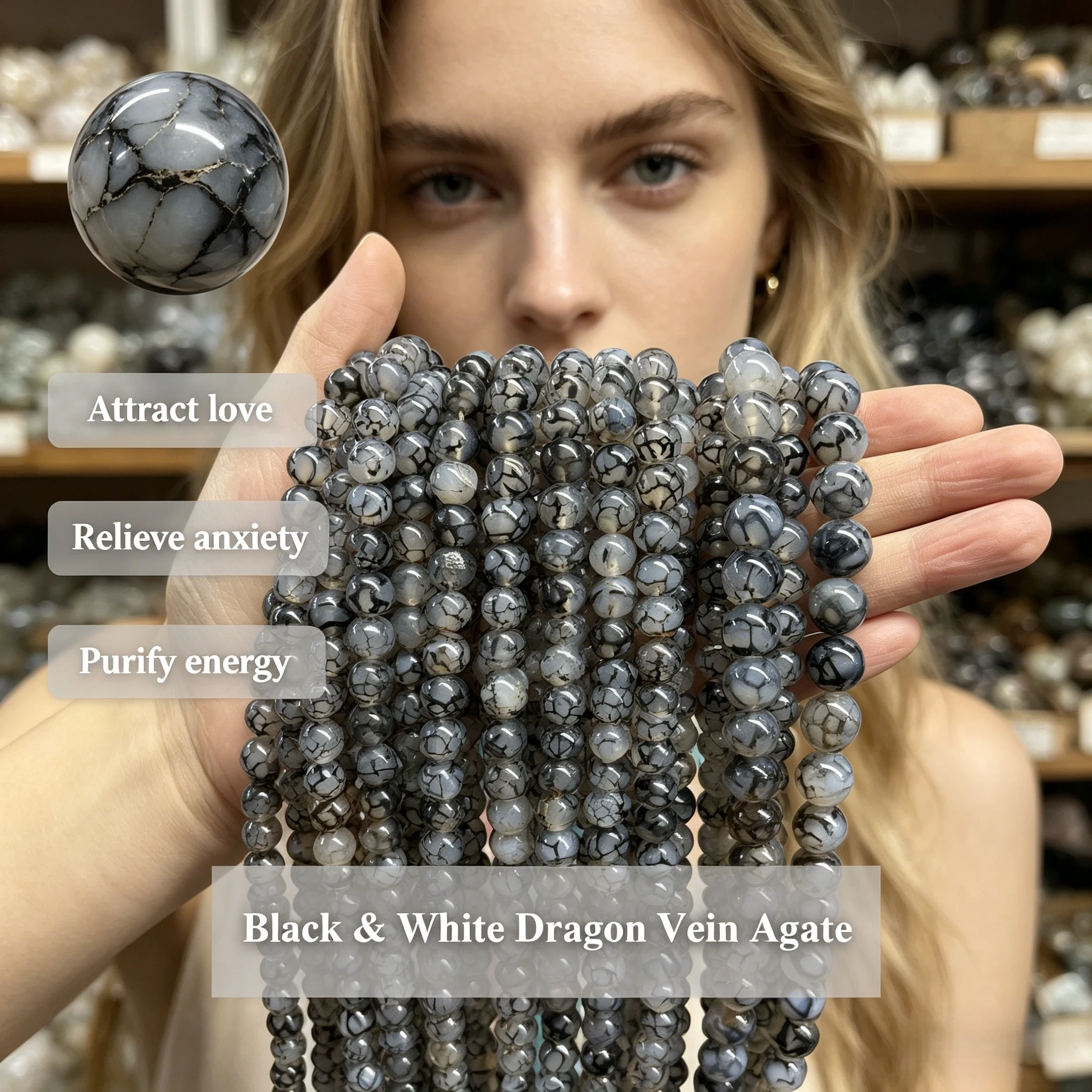 Black & White Dragon Vein Agate Beads 4 6 8 10mm Natural Stone Round Beads for Bracelet Necklace DIY Making Jewelry Accessories