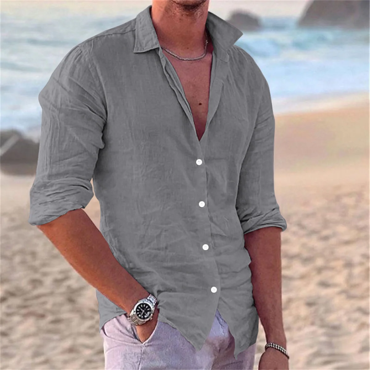 Camisa de lino y algodón de manga larga para hombre, camisa de Color sólido para ocio en la playa, Compras, Viajes en casa, ventas Flash