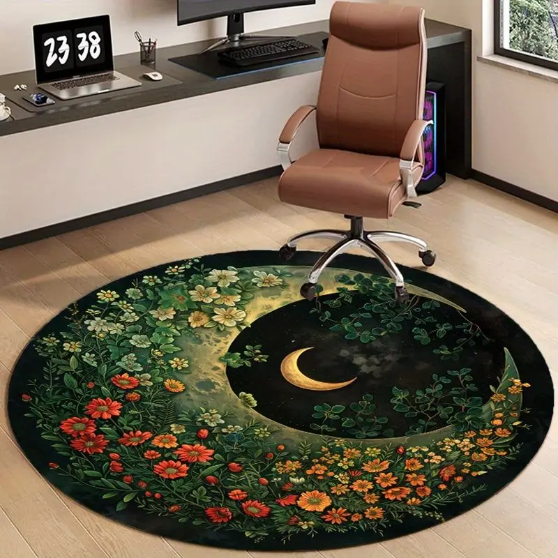 VIKAMA Night Bending Moon Retro Wildflower Round Carpet, Swivel Chair Mat, French Bedroom Light Luxury Living Room Rug