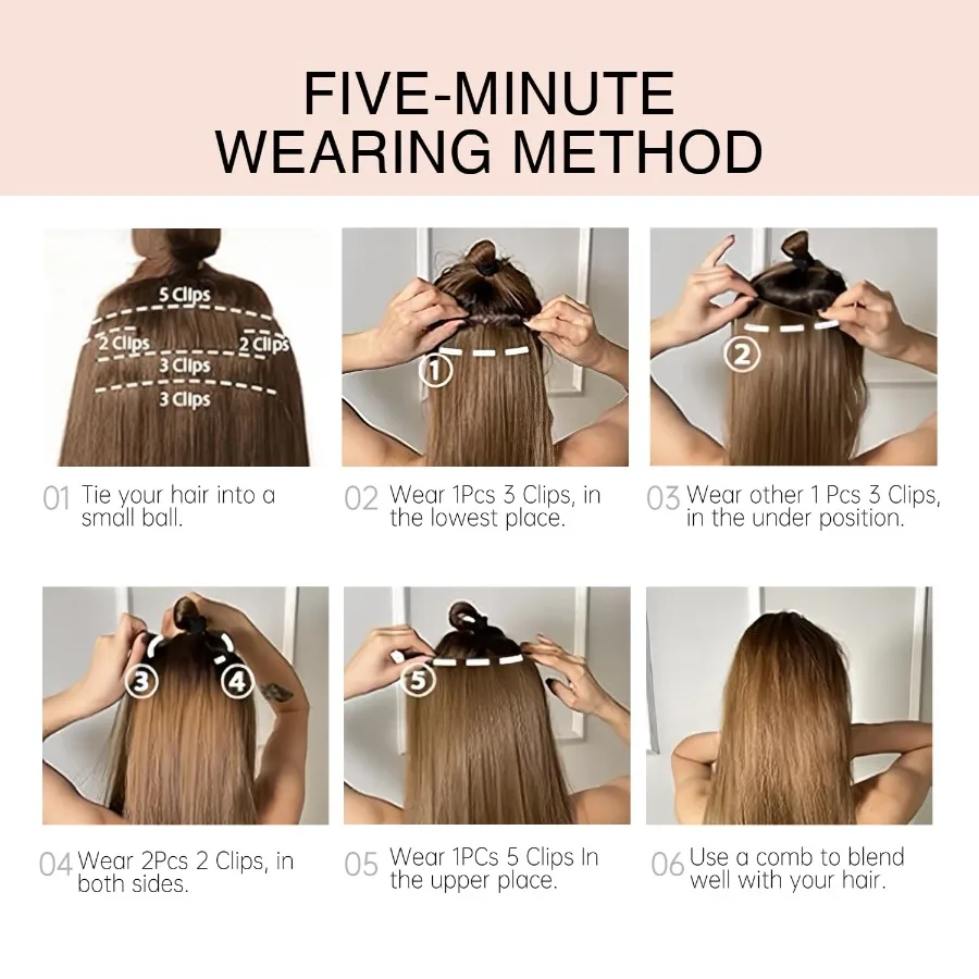 وصلات شعر غير مرئية مستقيمة بطول 26 بوصة قطع شعر صناعية سميكة للنساء 5 قطع من النحاس الأحمر الناعم والجميل He