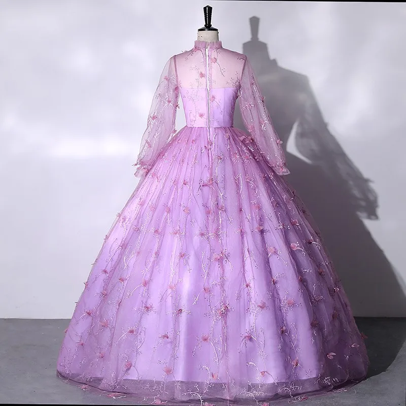 Vestidos de Quinceañera de manga larga, vestido de baile púrpura de flores dulces, vestido clásico de cuello alto para fiesta con cremallera en la espalda, vestido de graduación personalizado