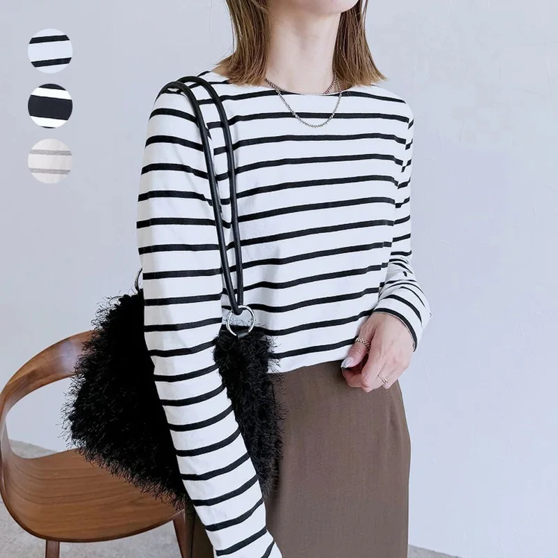 

New Striped Women's Long Sleeve T-shirt Autumn Simple Niche Casual Versatile Crew Neck Knitted Top