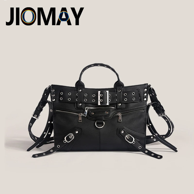 

JIOMAY Women Black PU Leather Designer Handbags 2024 Ladies Moto and Biker Style Shoulder Bag Rivet Belt Large Capacity Tote Bag