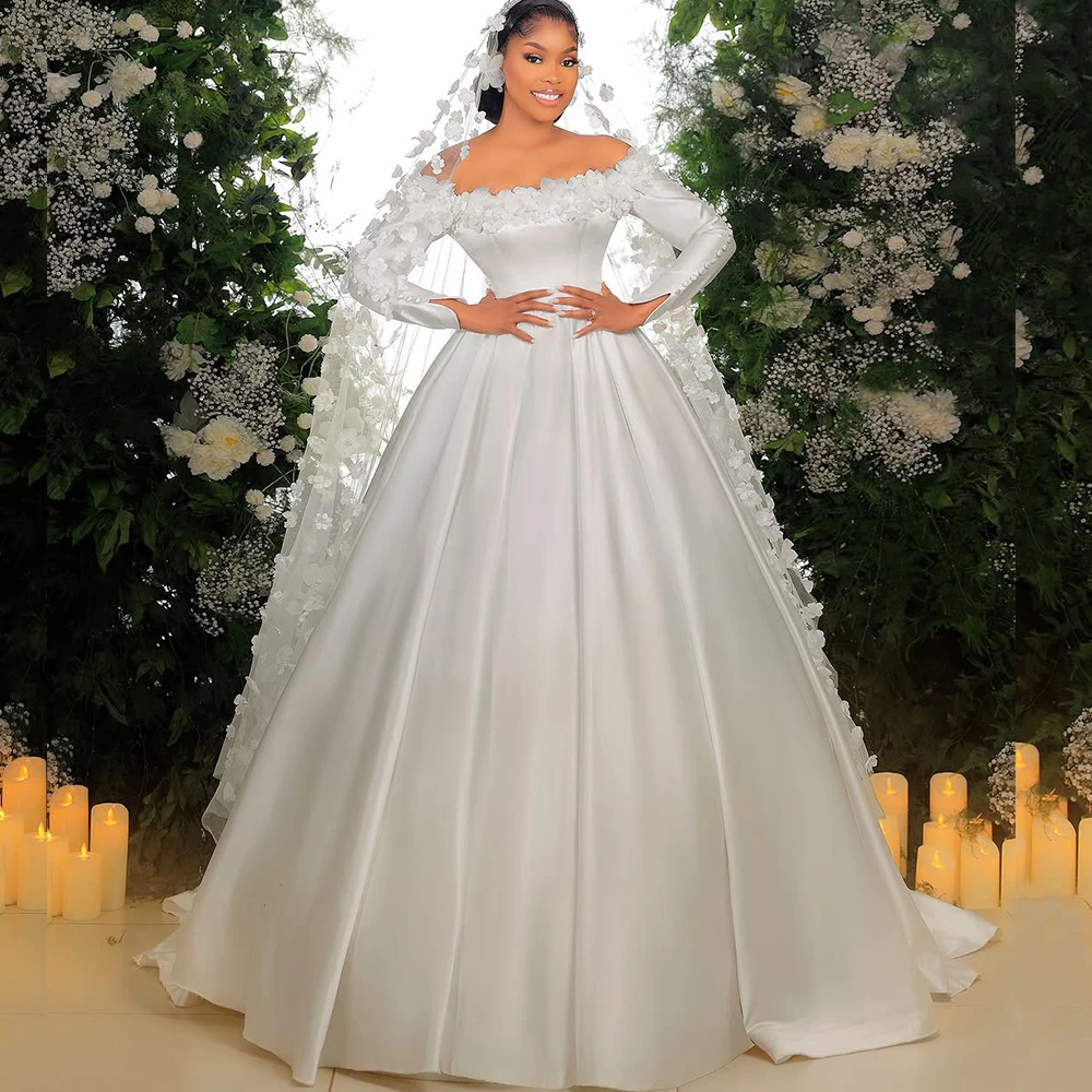 

Elegant 3D Floral Wedding Dresses for Women Bride Off Shoulder Long Sleeve Satin African Bridal Gowns robes de mariee Customized