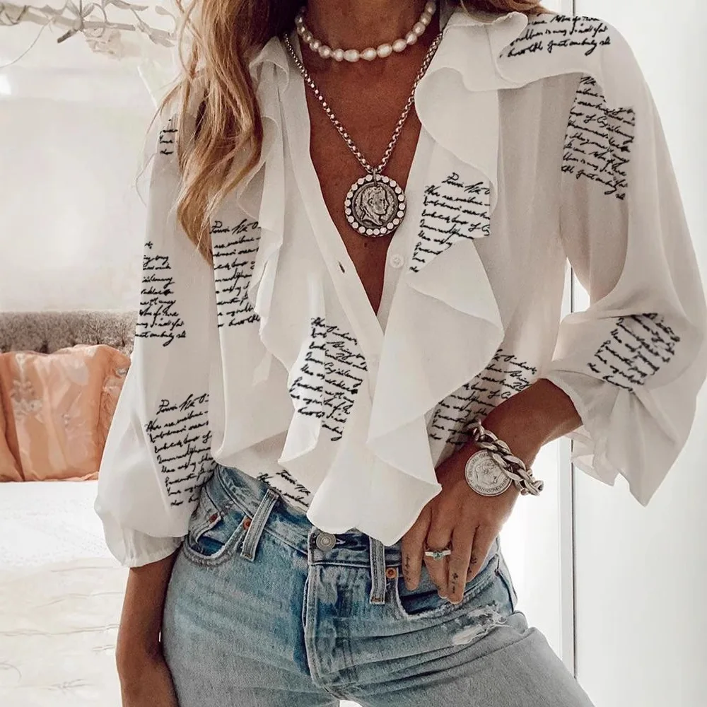 

Fashion Ruffles V-neck Blouse Women 2026 Summer Casual Long Sleeve Solid Color Shirts Blouses Tops Femme
