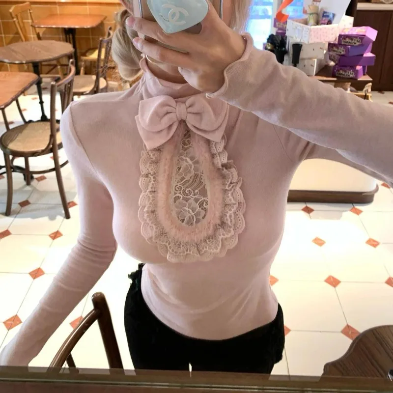 Soft Waxy Ballet Girl, Two-tone Fluffy Lace Semi-turtleneck Bow Long-sleeved Bottoming Top