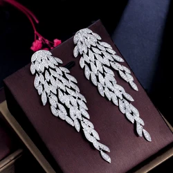 BeaQueen Super Luxury Long Drop Dangle Earrings for Women Sparkling CZ Tassel Feather Silver Color Bridal Wedding Jewelry E538