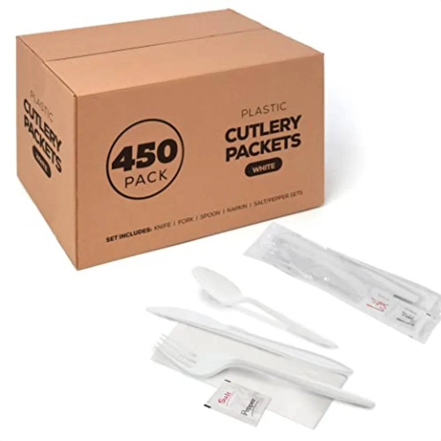 

450 Plastic Cutlery Packets - Knife Fork Spoon Napkin Salt Pepper Sets White Plastic Silverware Sets Individually Wrapped Cutle