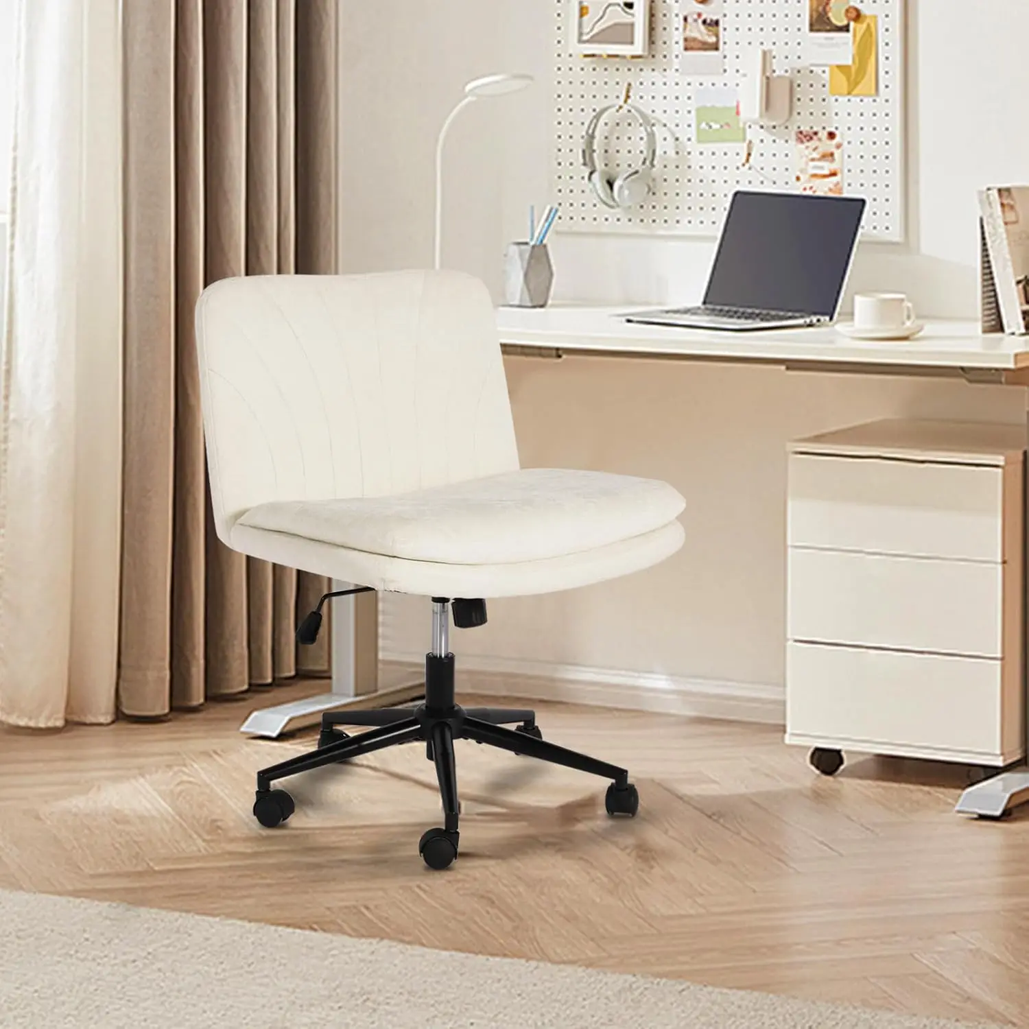 

Comfortable Swivel Criss cross Chair with Wide seat and Wheels for Home Office Gaming - Beige Chenille Armless Design