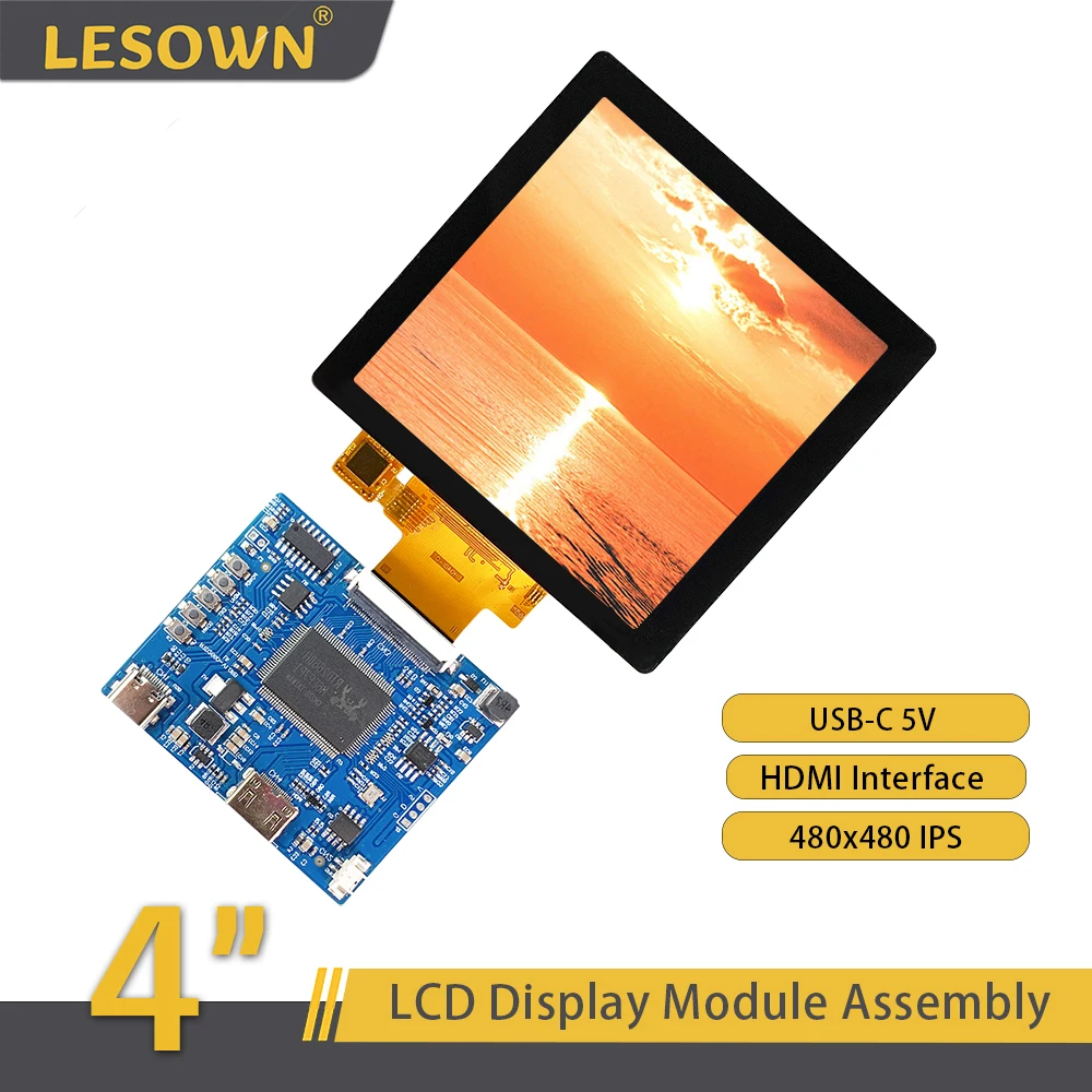 LESOWN 4 inch mini LCD Display Small Size Touch Screen SPI 40PIN 480x480 USB-C 5V Module with Driver Board for Raspberry Pi