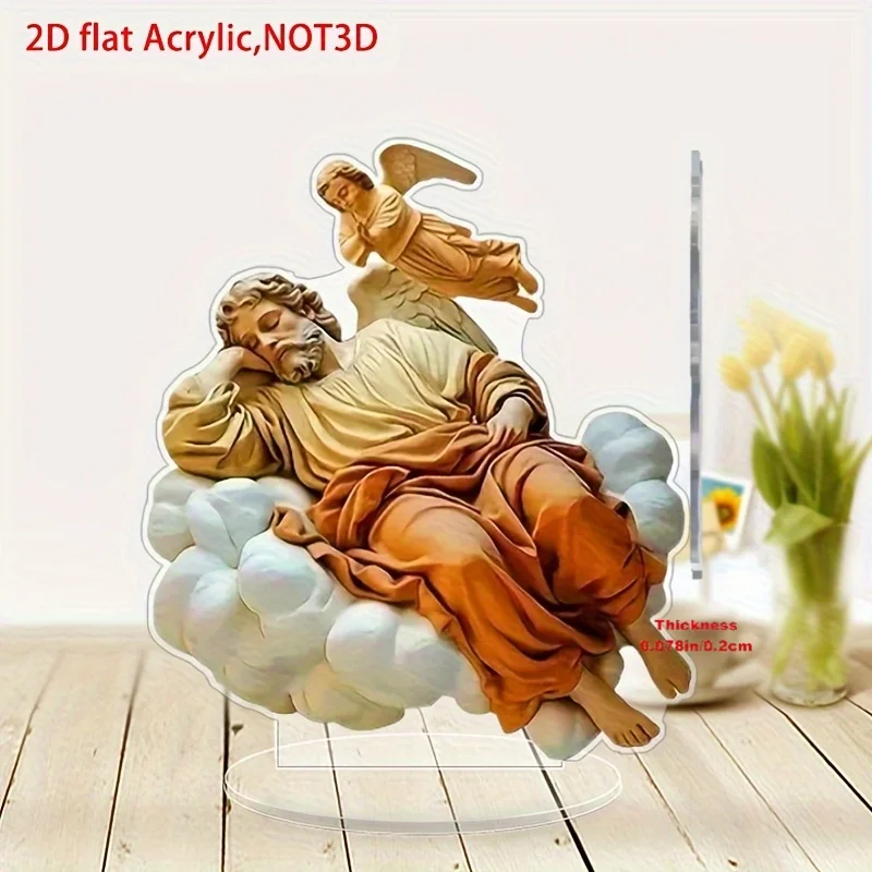 2D Flat, 2D Flat Bohemian Style Saint Joseph Sleeping Angel with Clouds and Stars- Handmade Religious Table Decoration, Suitable