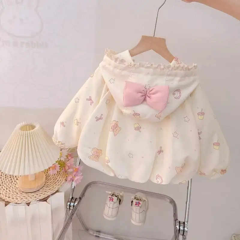 2026 Autumn Fashion Baby Coat Clothing Girls Lovely Floral Bow Coat Full Zip Hooded Children Jackets Kids Outfits 1-5 Years