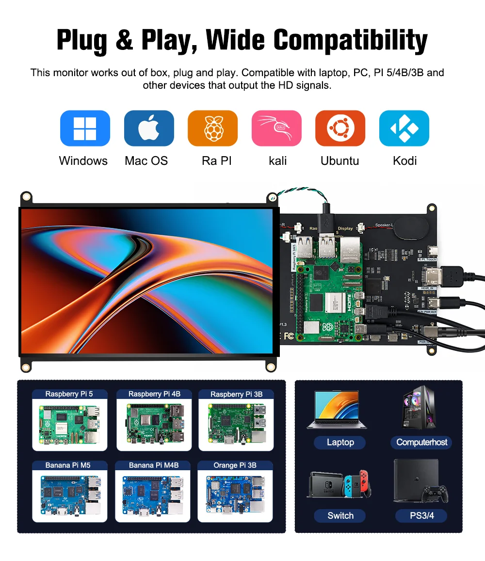 Raspberry Pi 5 7/8 Inch Screen, IPS TFT LCD HDMI Display Touch Screen Monitor 1024*600 1920*1200 HDMI Speaker for DIY Student