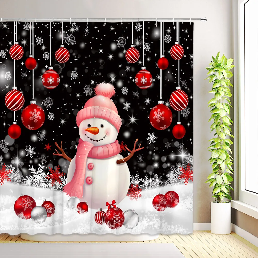 Winter Christmas Shower Curtain Red Xmas Balls Snowflake Snowman Snow Scenery Reindeer Farmhouse Bathroom Decor Fabric with Hook