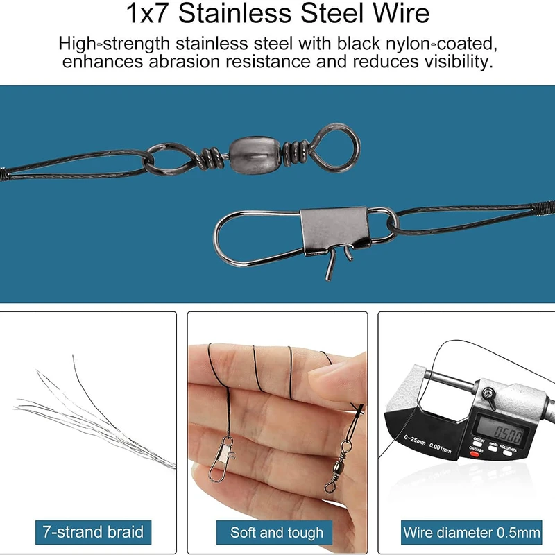 Stainless Steel Wire Trace Leader Anti Bite Fishing Line with Swivel Snap Connector Saltwater Freshwater Pike Bass Tuna Lure Tac - view 5